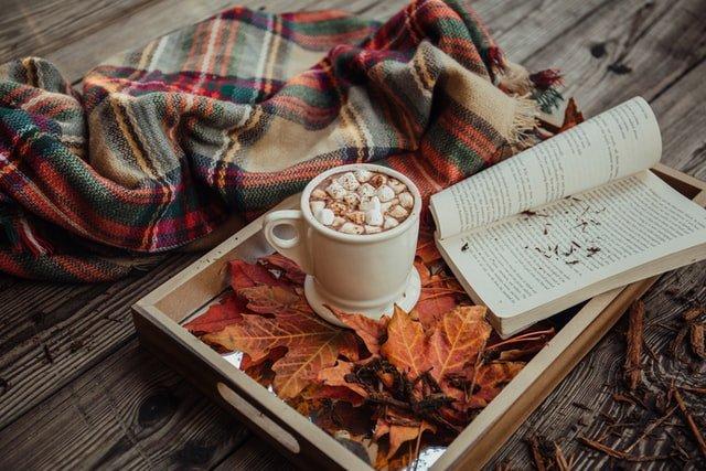 Hot-chocolate-with-marshmallows-on-an-autumnal-tray-beside-an-open-paperback-book